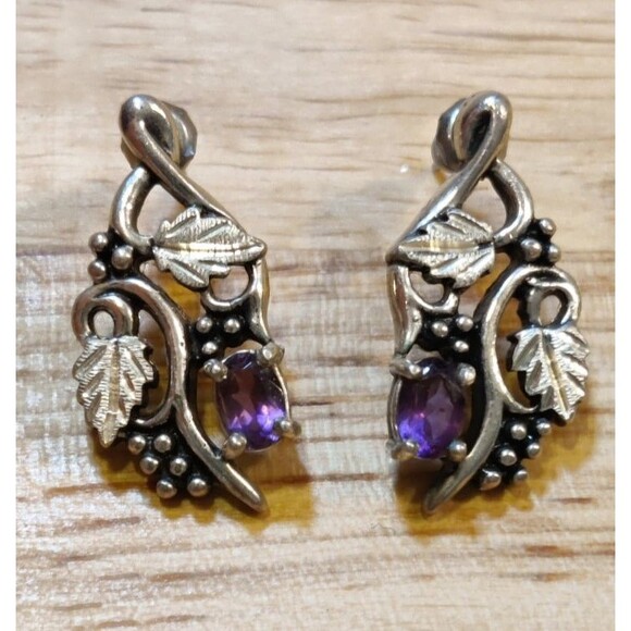 VTG WM 925 Sterling Silver Native Style Grape Vine With Amethyst Stone Earrings - Picture 2 of 5